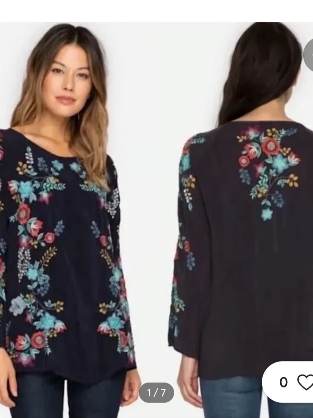 Johnny Was Kikimu Women’s Navy Floral Embroidered Long-Sleeve Top. Size Small